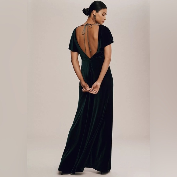 Jenny Yoo Ellis Flutter Sleeve Open Back Velvet Gown Size 8 Emerald Green Dress - Picture 2 of 16